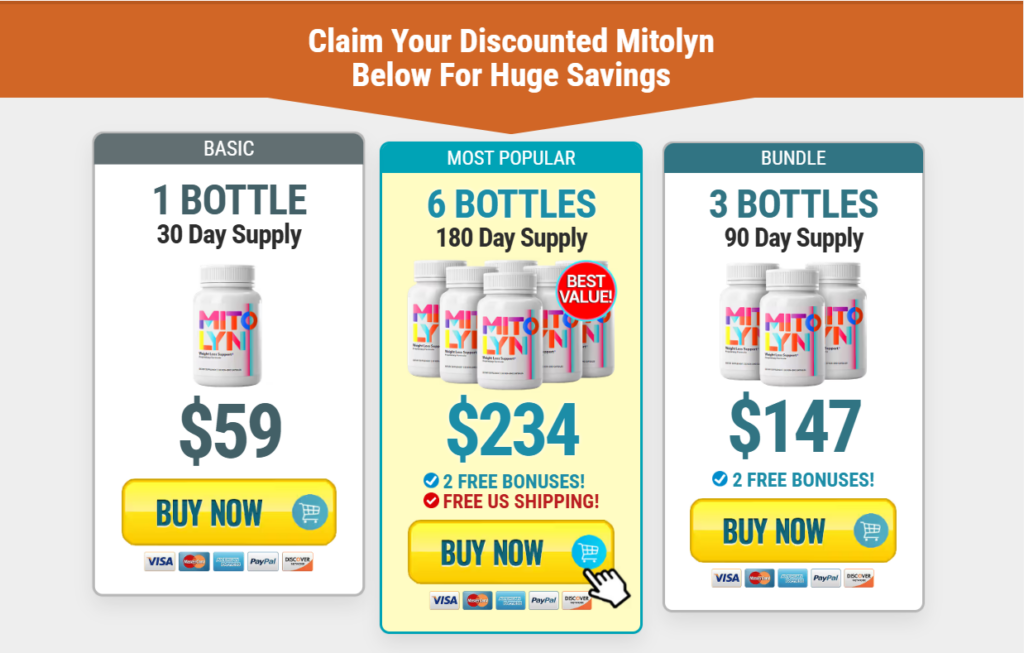 age shows a pricing table for "Mitolyn" supplements with three purchasing options:Basic Plan:1 Bottle (30 Day Supply)
Price: $59
Purchase button with accepted payment options displayed (Visa, Mastercard, PayPal, etc.).
Most Popular Plan:6 Bottles (180 Day Supply)
Price: $234
Includes "2 Free Bonuses" and "Free US Shipping."
Marked as "Best Value."
Purchase button with accepted payment options displayed.
Bundle Plan:3 Bottles (90 Day Supply)
Price: $147
Includes "2 Free Bonuses."
Purchase button with accepted payment options displayed.